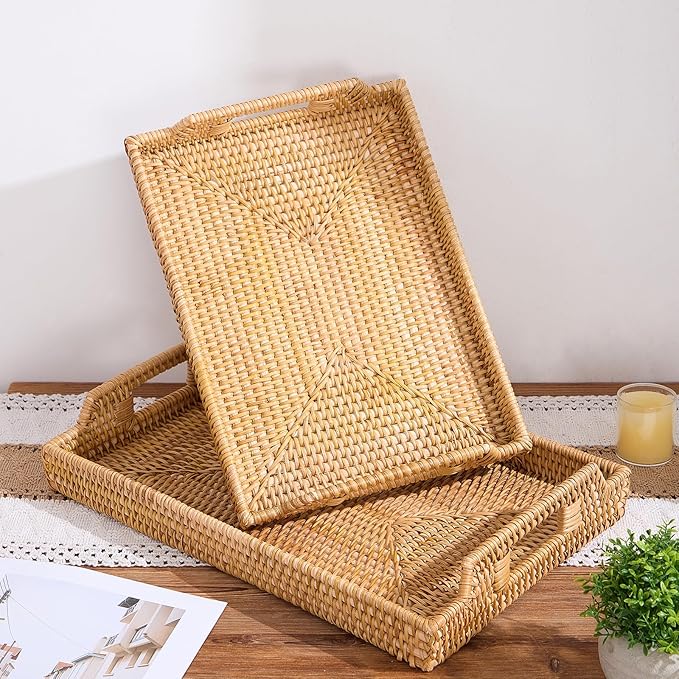 Rattan Rectangular Serving Tray with Handles, Hand-Woven Wicker Decorative Tray for Coffee Table,Vintage Boho Style Decor for Dining, Kitchen, Bathroom, Outdoor(14.4"x10.4"x1.4")