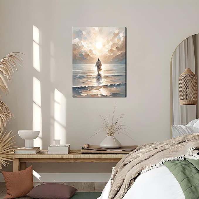 Jesus Walking on Water Canvas Wall Art, Christian Bible Stories Wall Decor Paintings, Jesus Walks on Water on Water Back Posters Prints Pictures for Church Living Room Bedroom 12x16 Inch Framed