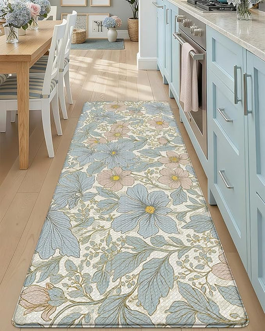 DEXI Kitchen Mats for Floor, 17x59, Cushioned Standing Mat Anti Fatigue, Waterproof Comfort Floral Padded for Laundry Room Office, Blue