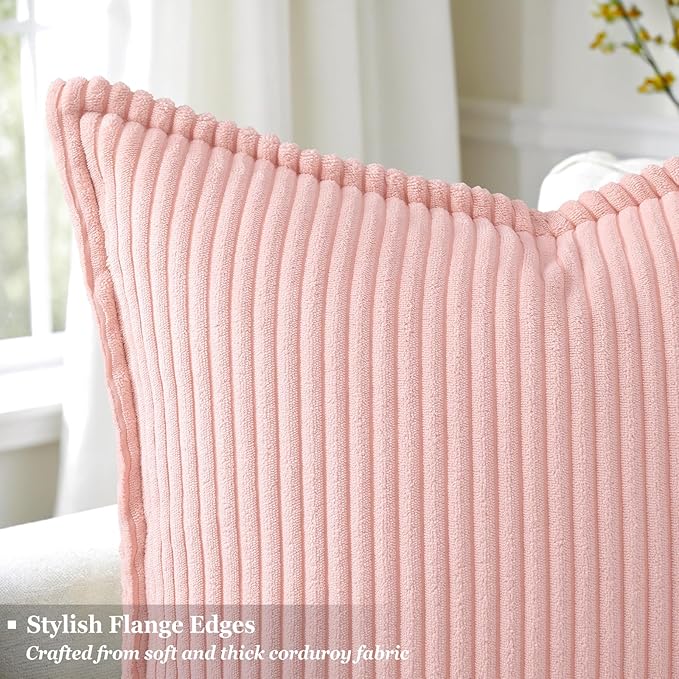 decorUhome Spring Valentines Corduroy Pink Throw Pillow Covers 16x16 Set of 2 Decorative Soft Boho Farmhouse Couch Pillow Covers for Living Room Bed Sofa Broadside Striped Pillow Cases