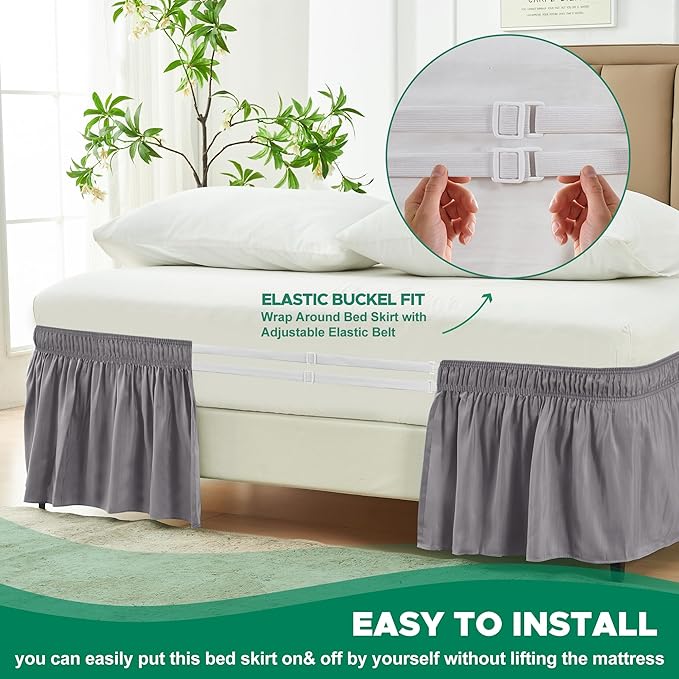 Biscaynebay Wrap Around Bed Skirts for Full & Full XL Beds Extra Short Drop of 9", Silver Grey Elastic Dust Ruffles Easy Fit Wrinkle and Fade Resistant Silky Luxurious Fabric Solid Machine Washable