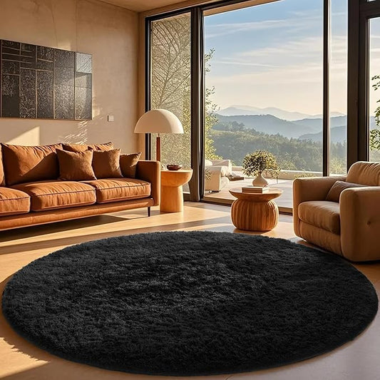 Ophanie Round Rug 8Ft Black Circle Area Rug, Room Decor for Men, Fluffy Fuzzy Bedroom Carpet, Plush Soft Shaggy Living Room Rugs for Kids Home Decor Aesthetic, Nursery