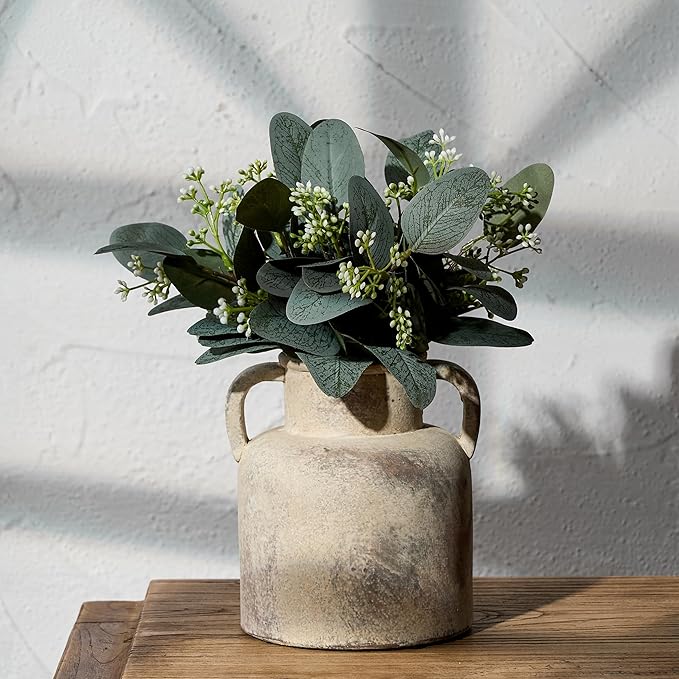 Emotionally Grounded Vase, Vaseking Ceramic Rustic Vase with 2 Handles, 6.1 inch Minimalist Decorative Farmhouse Vases for Home Decor, Living Room, Enterway, Table Decoration, Neutral