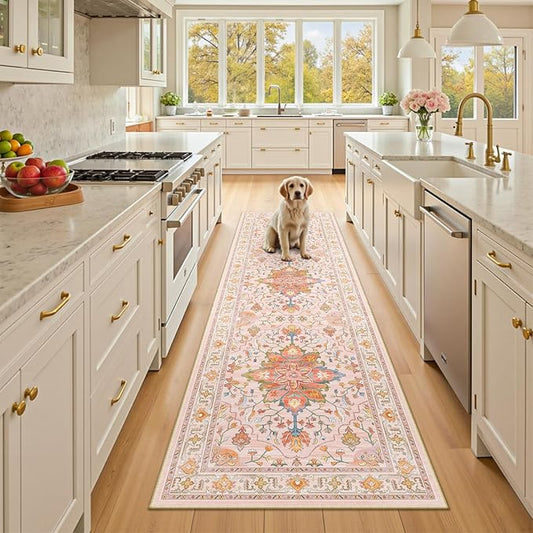 RELEANY Area Rugs 2'x8' Washable Non-Slip, Floral Vintage Distress Print Pattern Medallion Carpet for Living Room Bedroom Dining Room, Light Pink Colorful