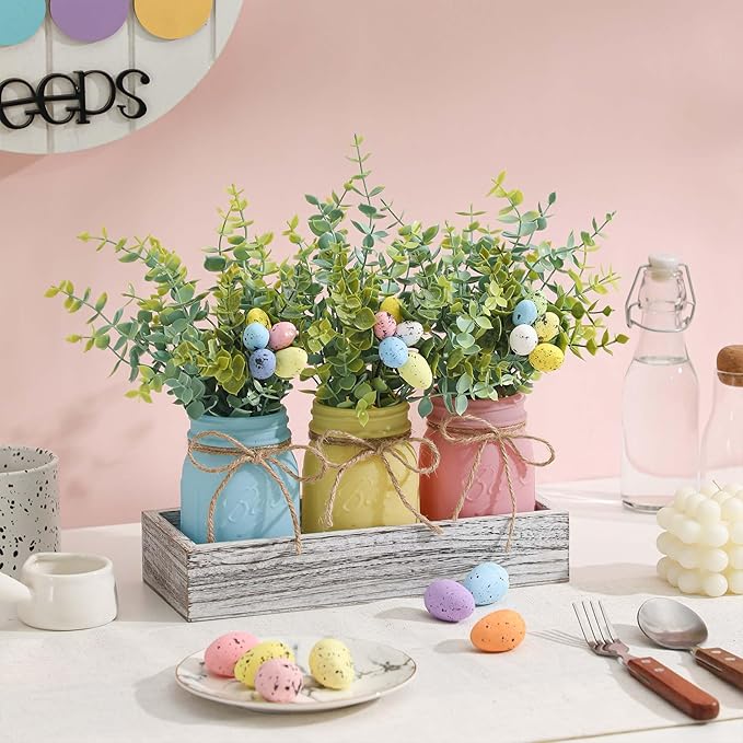 Easter Decorations, Mason Jar Centerpiece for Dinning Table with Wood Tray & Easter Eggs Decor, Table Decor for the Home, Spring Decorations for Home