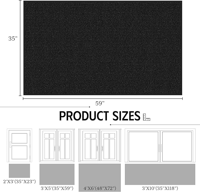 Front Door Mat 3' x 5', Low Profile Heavy Duty Door Mat Outside Entrance, Non-Slip Large Commercial Floor Mat, Absorbent & Resist Dirt, Easy Clean Welcome Entry Mat Indoor Outdoor, Black