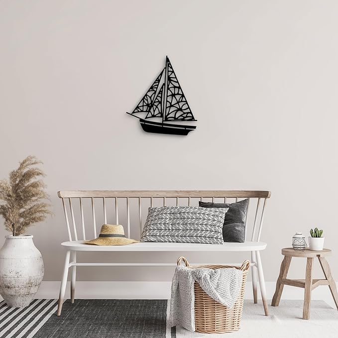 GlintHome Black Metal Sailboat Wall Art for Living Room - Abstract Modern Wall Sculpture Textured Artwork Minimalist Geometric wall Decor for Bedroom Bathroom Living Room Home