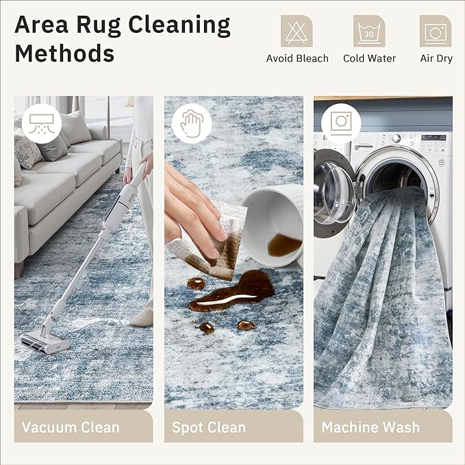 Soalmost 3x5 Rug, Small Area for Kitchen, Entryway, Machine Washable Non-Slip Throw Rug, Vintage Carpet for Nursery Coffee Table Blue
