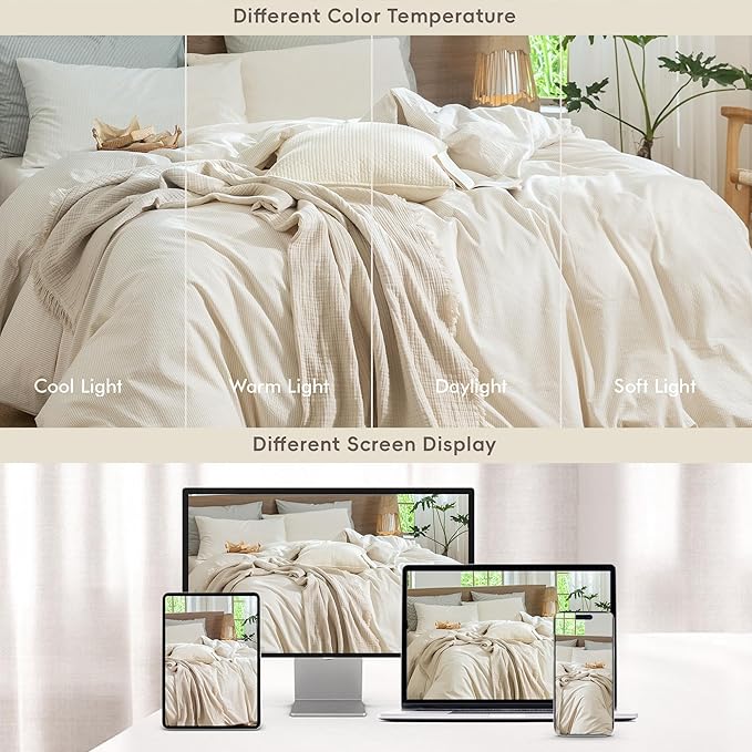 MooMee Striped Duvet Cover Set 100% Washed Cotton Linen Like Textured Breathable Durable Soft Comfy (Almond Milk Grey Pinstripes, King 104"x90")