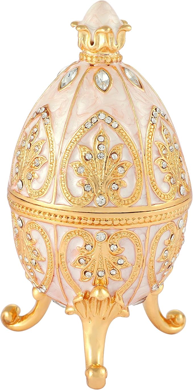 Trinket Box with Hinged White Easter Egg Enameled Jewelry Box Classic Ornaments Metal Craft Gift for Home Decor
