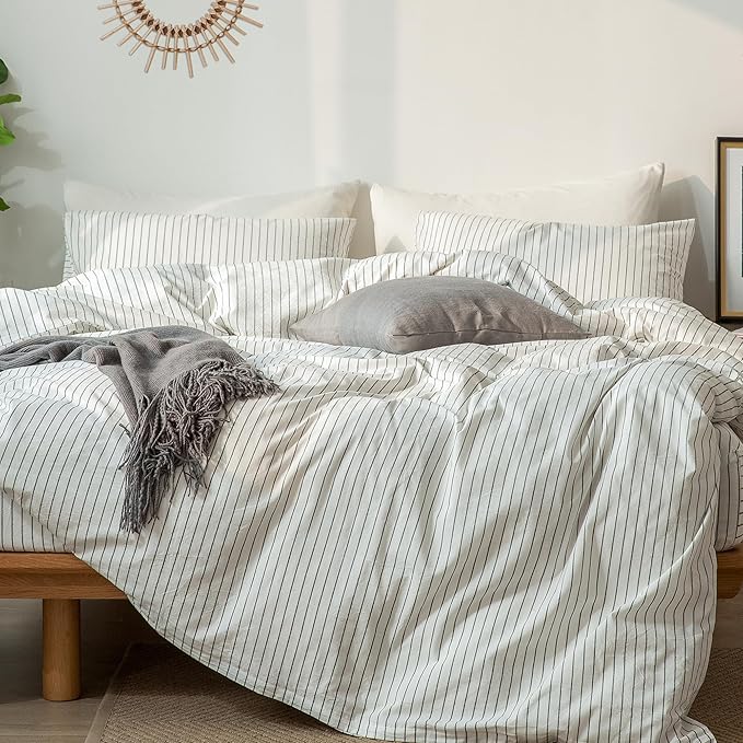 MooMee Striped Duvet Cover Set 100% Washed Cotton Linen Like Textured Breathable Durable Soft Comfy (White Dark Grey Wide Stripes, Super King 108"x98")