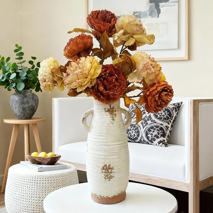 Ceramic Flower Vase with Handles, 12 inch Tall Vase for Centerpieces, Large Decorative Terracotta Vases, Farmhouse Rustic Vases for Home Decor, Living Room, Table, Neutral