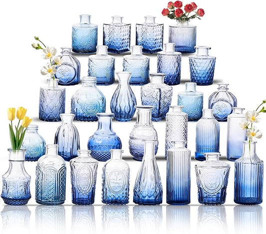 Glass Bud Vase Set of 30, Small Flower Vases, Glass Vases for Centerpieces, Vintage Home Table Decorations Bud Vases (30 Pcs, Blue)