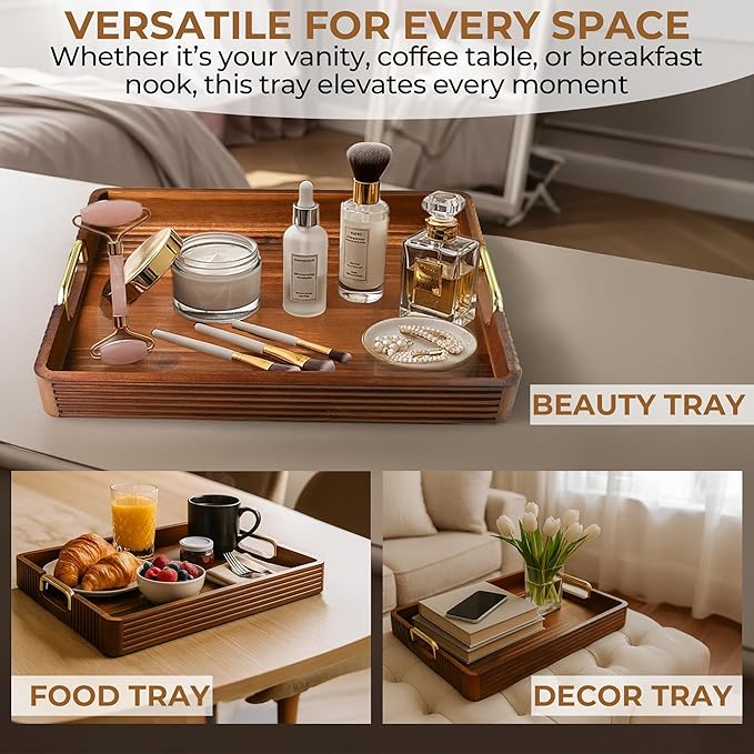 Acacia Wood Serving Tray with Metal Handles  – 17x13in Rustic Decorative Ottoman & Coffee Table Tray for Breakfast in Bed, Dinner, Bar, Kitchen, Home Décor & Entertaining