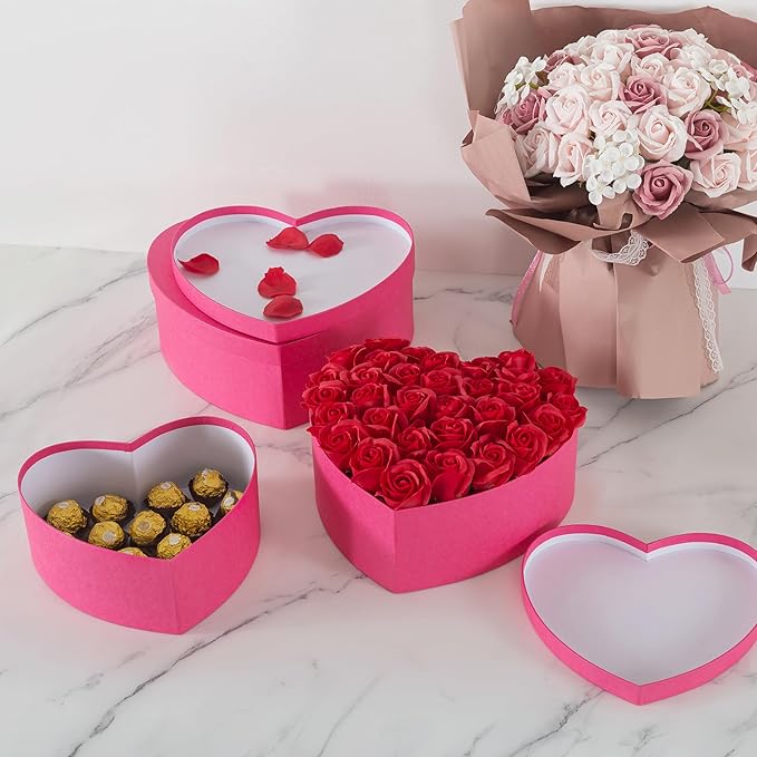 Soul & Lane Heart Shaped Gift Boxes: Set of 3 Empty Paper Mache Boxes with Lids for Flowers, Gifts, Chocolate Strawberries & Special Occasions, Cardboard Pink Heart Shaped Box for Arrangements