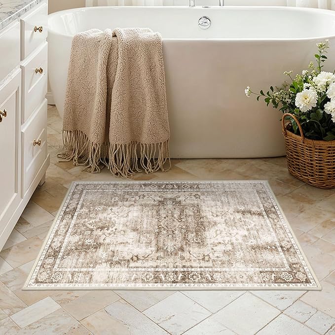 BESBLEE Area Rug 2x3 Doormat, Machine Washable Low Pile Vintage Rugs, Small Lightweight Rug Entryway Indoor Mat for Entrance, Hallway, Kitchen and Corridor, Latte Beige