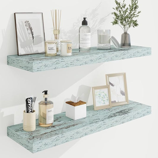 32in Floating Shelves for Wall, 32"W x 9.25"D x 1.25"H, 2 Pack Long Wall Mounted Engineered Wood Shelves with Invisible Brackets for Living Room, Bedroom, Bathroom, Kitchen Decor and Storage, Blue