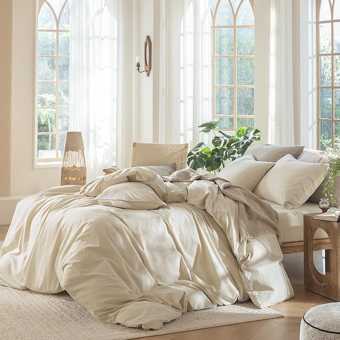 MooMee Bedding Duvet Cover Set 100% Washed Cotton Linen Like Textured Breathable Durable Soft Comfy (Heathered Almond Milk Grey, Oversized Full 82"x86")
