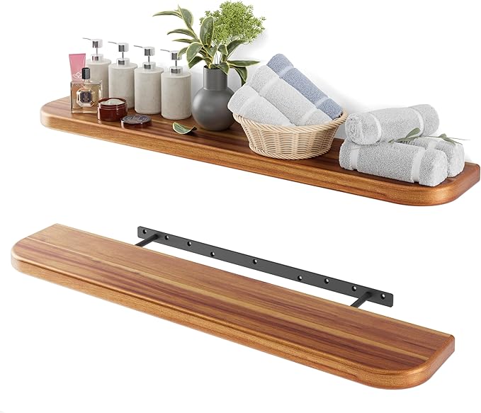 BATODA 36" Acacia Wood Floating Shelves Wall Mounted (Round Edge) – Rustic Farmhouse Wooden Wall Storage Shelf for Bedroom, Kitchen - Brackets and Shelving Hardware Included (Acacia,36 Inch Length)