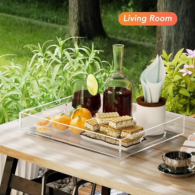 MaxGear Acrylic Decorative Tray Serving Trays with Handles (16 inches, Set of 2), Clear Decorative Coffee Table Nesting Trays Ottoman Tray for Food, Tea, Snacks, Drink, Kitchen, Vanity