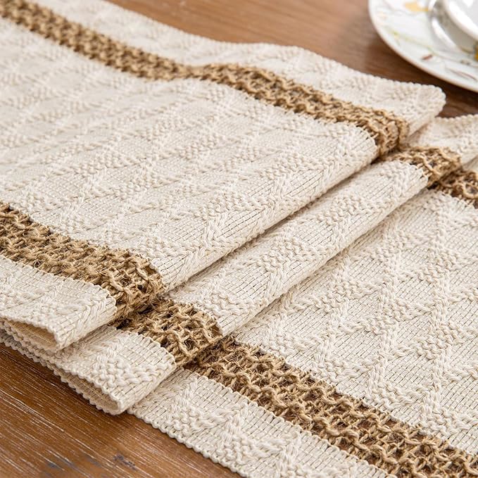 Niviy Boho Table Runner 48 Inches Long Valentine's Day Decorations Farmhouse Macrame Table Runner Cotton Linen Woven Table Runners for Spring Dining Table Home Decor, Beige & Brown