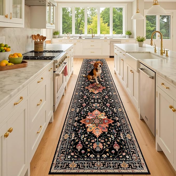 RELEANY Area Rugs 2'6''x10' Washable Non-Slip, Floral Vintage Distress Print Pattern Medallion Carpet for Living Room Bedroom Dining Room, Black Colorful Floral Dark Tan