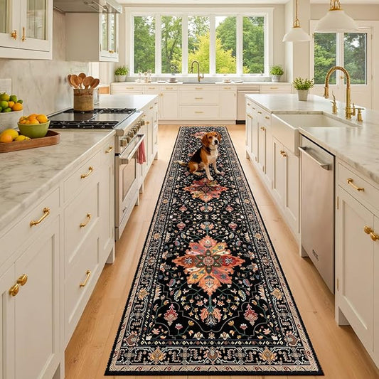 RELEANY Area Rugs 2'x10' Washable Non-Slip, Floral Vintage Distress Print Pattern Medallion Carpet for Living Room Bedroom Dining Room, Black Colorful Floral Dark Tan