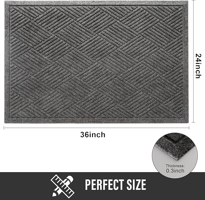HIYARD Sturdy Front Door Mat, Absorbent Muddy Dirt Resist Welcome Door Mats Outdoor Indoor, Stain and Fade Resistant, Non-Slip Rubber Backing Low Profile Doormat for Entryway, 36×24, Grey