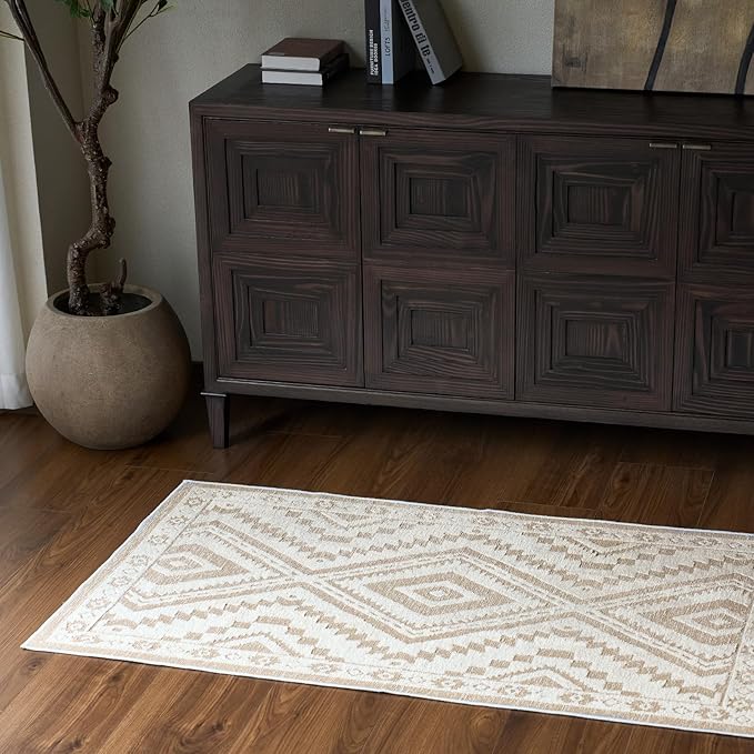 RAMEFILD Moroccan Washable Area Rug 3x5, Geometric Tribal Decorative Woven Rug, Non-Slip Boho Farmhouse Soft Low-Pile Area Rug for Living Room Bedroom Dining Table Nursery, Cream/White