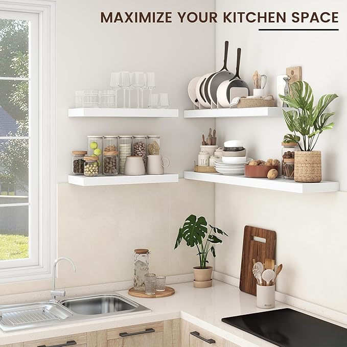 Floating Shelves for Wall, Engineered Wood Wall Shelves with Invisible Brackets for Living Room Bedroom Bathroom Office Kitchen Decor and Storage (White, 36" W x 9" D x 1.5" H) Set of 2