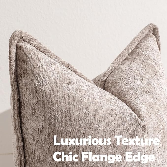 DEZENE Pack of 2 Khaki Decorative Throw Pillow Covers 24x24 Cozy Soft Chenille Accent Vintage Square Couch Pillow Covers for Home Decor Bed Sofa Living Room