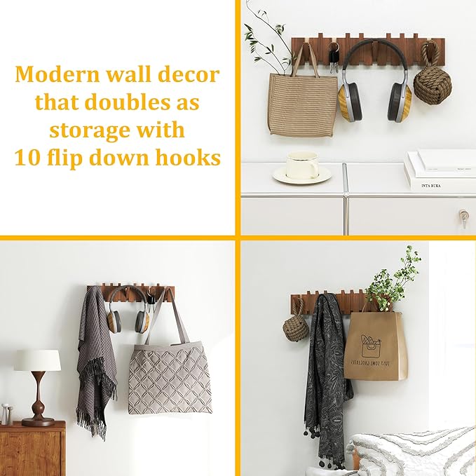 Wood Wall Mounted Coat Rack with 10 Flip Down Hooks, Heavy Duty Piano Style Wall Hook Rack, Decorative Coat Hooks Wall Mount for Entryway, Living Room, Bedroom, Bathroom, Kitchen