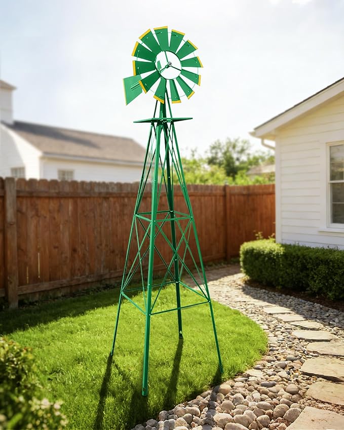 8FT Windmill for Yard Garden Decoration with Weather Vanes，Heavy Duty Outdoor Wind Mills, Large Metal Outdoor Windmill, Weather Resistant,Green