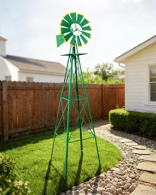 8FT Windmill for Yard Garden Decoration with Weather Vanes，Heavy Duty Outdoor Wind Mills, Large Metal Outdoor Windmill, Weather Resistant,Green