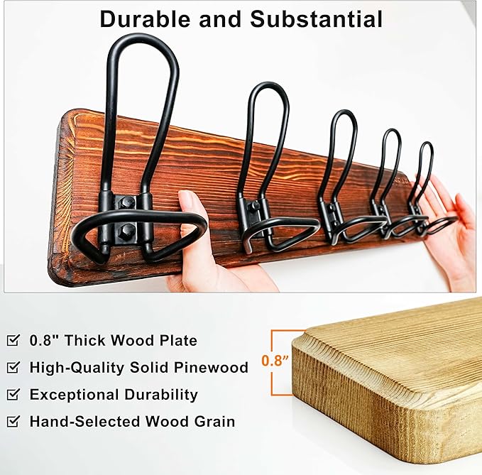 Dseap Coat Rack Wall Mounted - Heavy Duty Farmhouse Rustic Wall Coat Hanger With 5 Wire Hooks for Clothes Hat Jacket Towel, RusticWire, G25A, Rustic Brown & Black