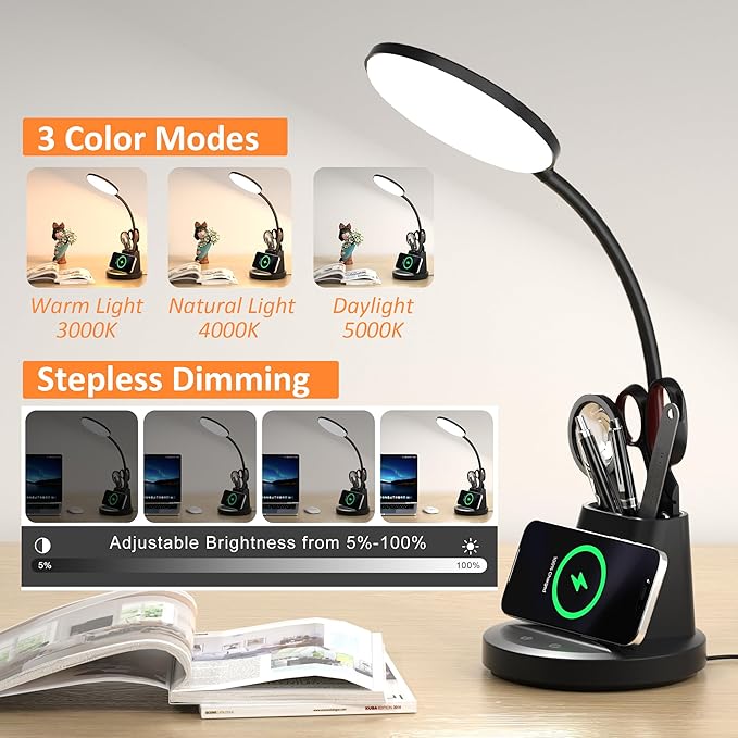 Desk Lamp with Wireless Charger, LED Desk Lamp for Home Office with Pen Holder, Dimmable Eye-Caring Study Desk Light Flexible Arm 3 Color Modes for College Dorm, 800 Lumens CRI 90