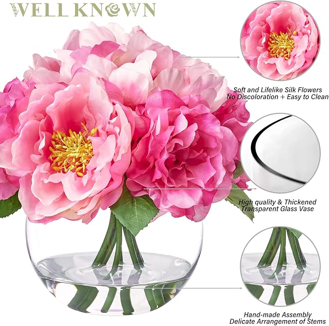 Artificial Flowers in Vase, Silk Peonies Bouquet for Vase with Faux Water, Fake Peony Pink Flower Arrangement for Home Wedding Birthday Party Dining Table Centerpiece Spring Festival Decor Mom's Gift
