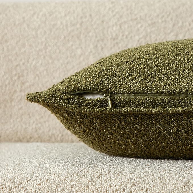 JUSPURBET 18x18 Pillow Covers Set of 2 Decorative Throw Pillow Covers Case for Couch Sofa Bed Soft Boucle Textured Cushion Covers with Hidden Zipper for Home Decor Living Room,Olive Green