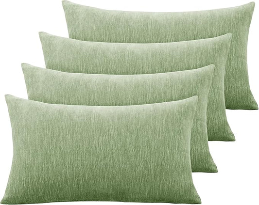 Set of 4 Sage Green Throw Pillow Covers 12x20 Inch, Neutral Boho Farmhouse Aesthetic Decorative Pillow Cases for Couch, Sofa, Living Room & Bed, Soft Chenille Pillow Cases, Home Decor, 30x50 cm