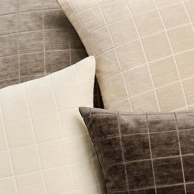 MIULEE Decorative Chenille Check Throw Pillow Covers Vintage Plaid Couch Pillows 16x16 Inch Set of 2 Neutral Boho Farmhouse Cushion Covers Modern Spring Home Decor for Sofa Bed Living Room Beige