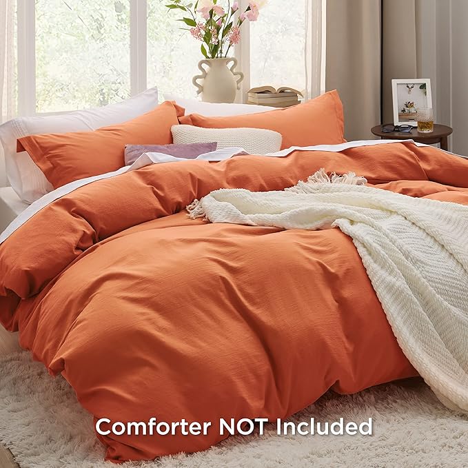 Bedsure Burnt Orange Duvet Cover Queen Size - 3 Pieces Prewashed Cotton-Like Extra Soft Bedding Set, Includes 1 Duvet Cover 90x90 Inches with Zipper Closure & 2 Pillow Shams, Comforter Not Included