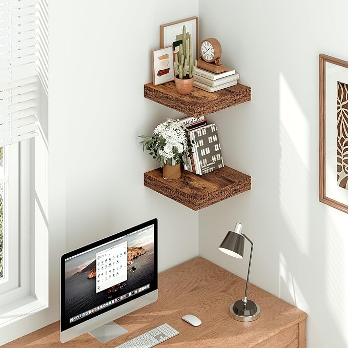 Vivelove 12" Deep Floating Shelves for Wall, [Wood Grain Texture] 12" Long Wall Shelves for Living Room Bedroom Bathroom Kitchen Office, Farmhouse Rustic Shelves Home Decor, Set of 2, Rustic Brown