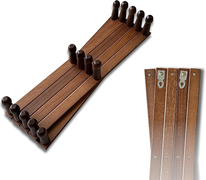 Expandable Wooden Coat Rack Hanger – Accordion Wall Mounted Pine Wood Hooks – Hand Made Vintage Expending Pegs – Hang Coat, Jacket, Hat, Leash, Towel, Mug, Bag – 14 Hook Dark Walnut