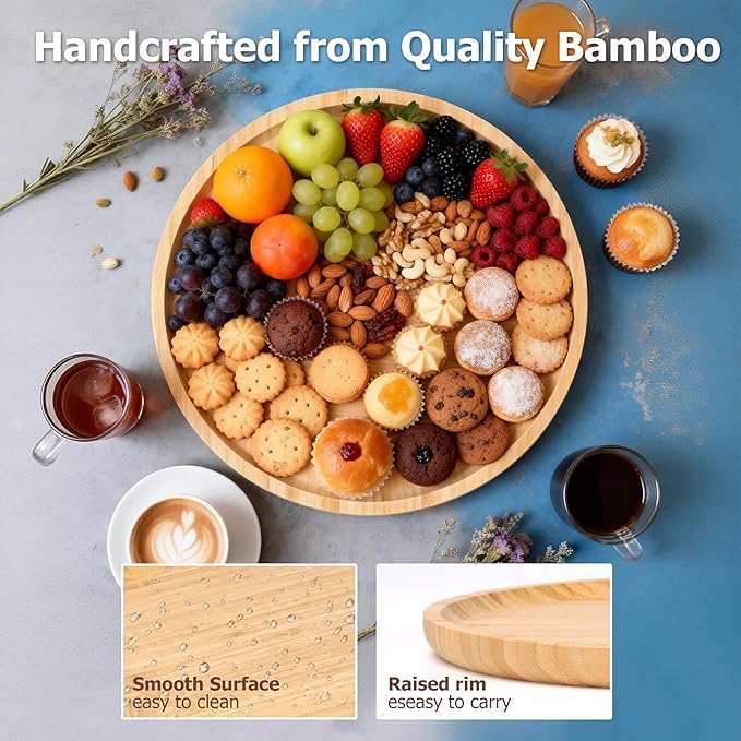 Wood Serving Tray, 11.81 Inch Wooden Tray, Round Decorative Serving Trays Platters for Home,Party,Coffee Table, Dining Table & Countertop