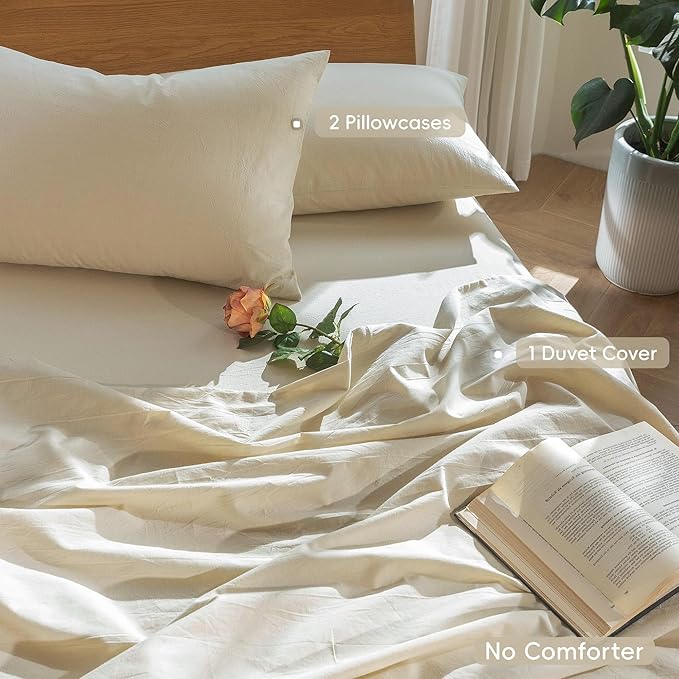MooMee Bedding Duvet Cover Set 100% Washed Cotton Linen Like Textured Breathable Durable Soft Comfy (Heathered Almond Milk Grey, Super King 108"x98")