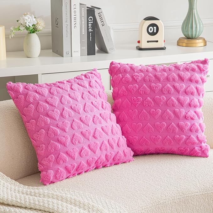 AQOTHES Set of 2 Heart Love Cute Hot Pink Decorative Valentines Throw Pillow Covers 24x24, Soft Plush Faux Fur Pillow Covers for Couch Sofa Home Valentines Day Decoration