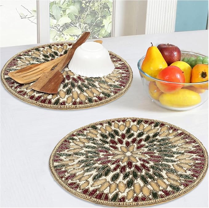 Beaded Charger 13" Round Floral Marigold – Gold, Red, Green, Placemats for Dining Table, Beaded Charger, Holiday & Christmas Décor