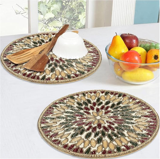Beaded Charger 13" Round Floral Marigold – Gold, Red, Green, Placemats for Dining Table, Beaded Charger, Holiday & Christmas Décor