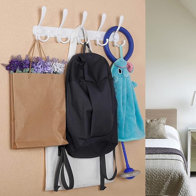 Coat Rack Wall Mounted,5 Tri Stainless Steel Coat Hook for Coat Hat Robes Towel in Mudroom Entryway (White, 2 Pack 5 Hook)