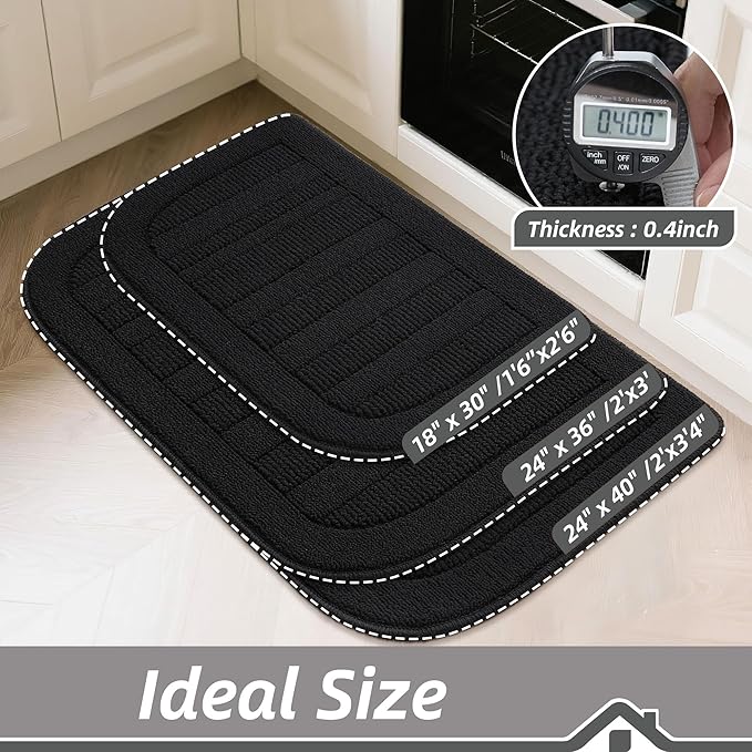 BEQHAUSE 30x18 Inch Kitchen Rug Mat Durable Kitchen Rugs Non-Slip Washable Absorbent Kitchen Mats for Floor Dirt-Resistant Semicircular Kitchen Mat (Black, 2PCS)